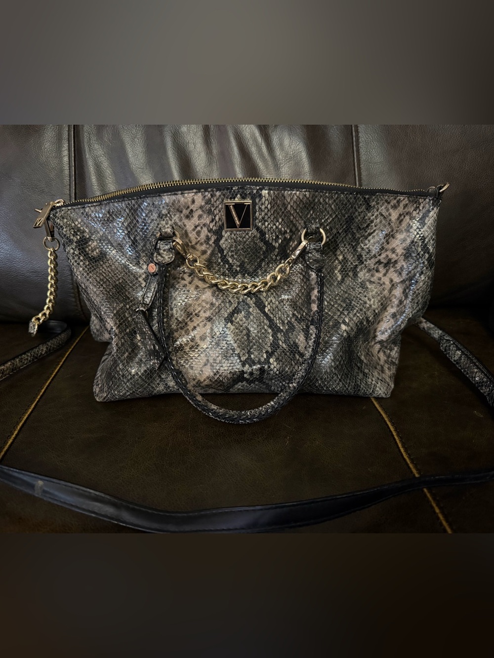 Victoria's Secret Snake-Print Satchel in Gray and Black with Gold Chain